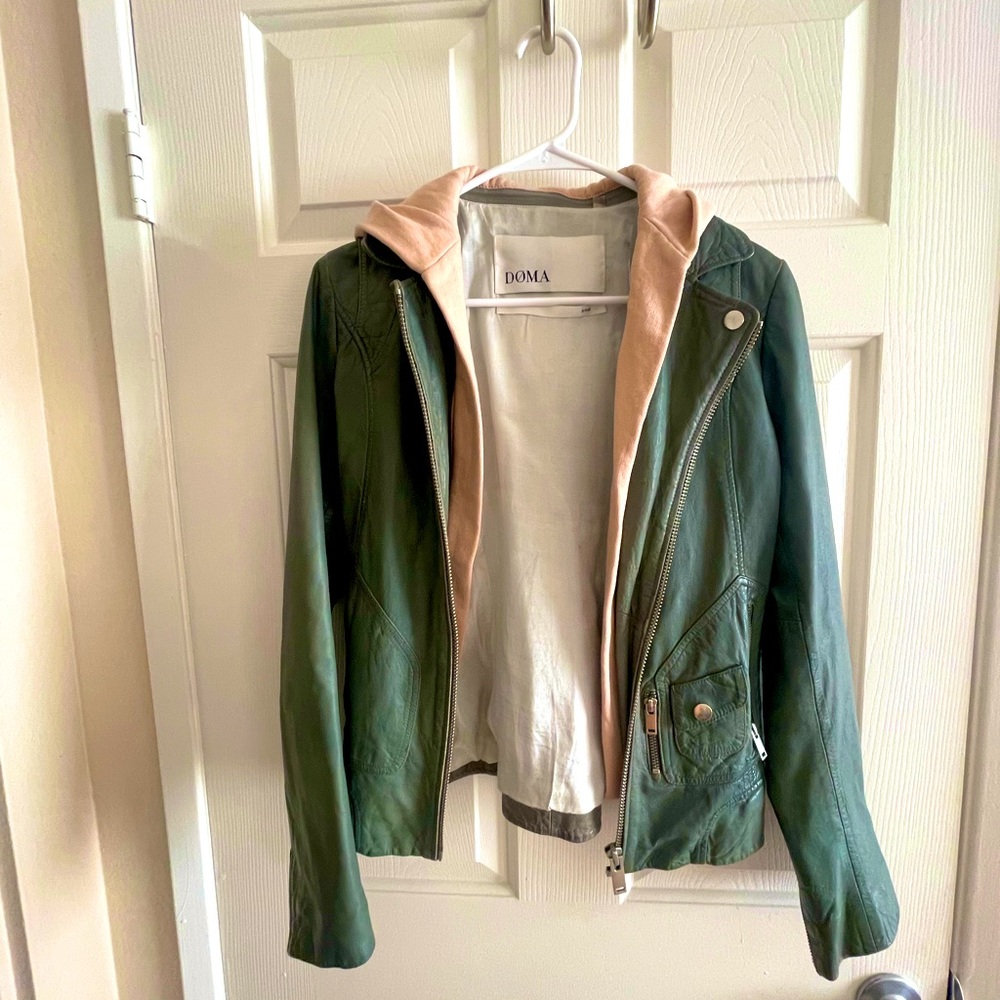 Green leather DOMA jacket with detachable pink hood